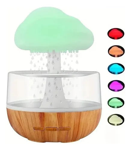 Humidificador nube de lluvia con luces LED sobre un velador